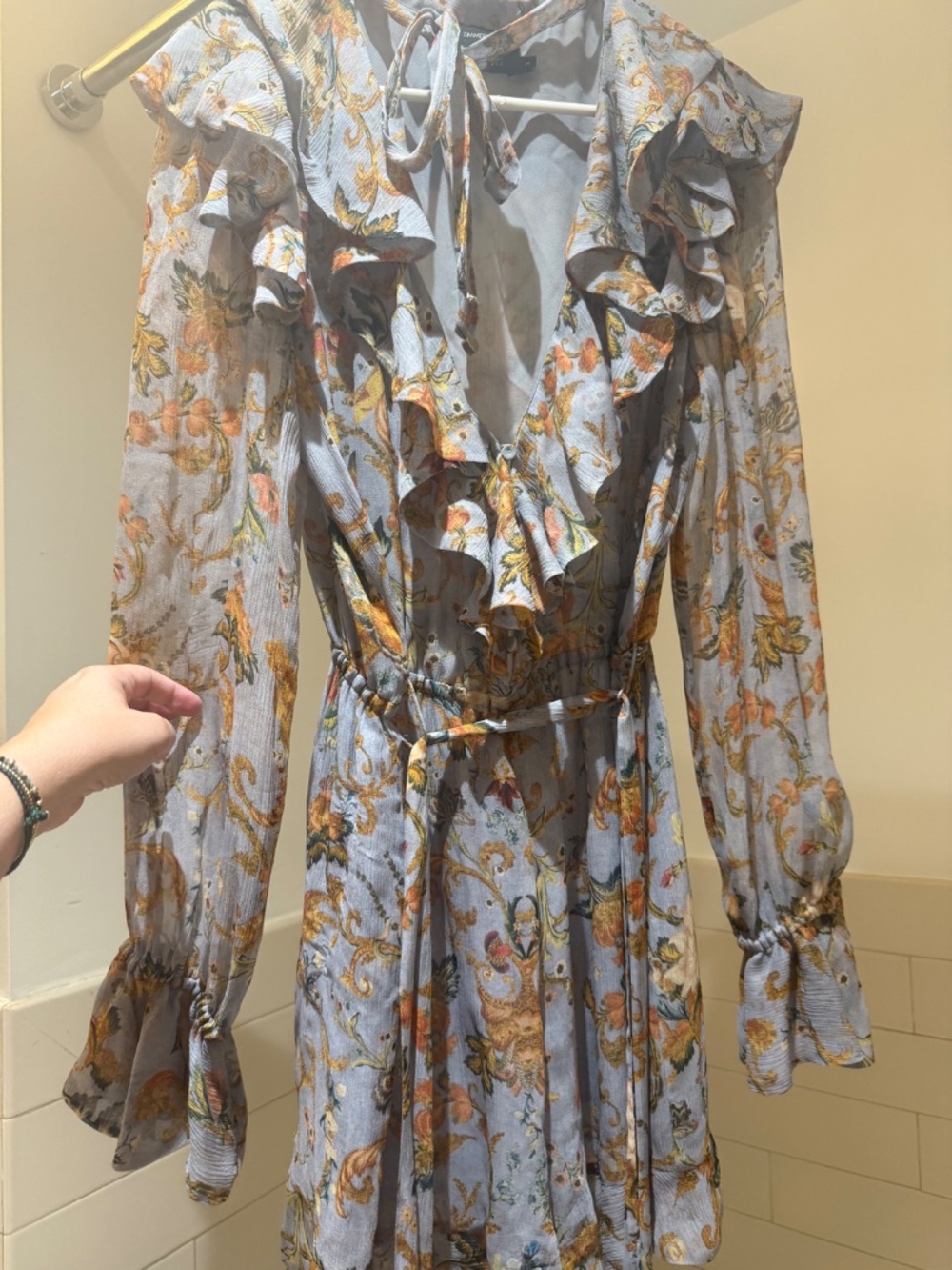 Zimmermann Blue Floral Printed Crinkled Chiffon Ruffled Drawstring Dress Size 3 - Picture 3 of 5